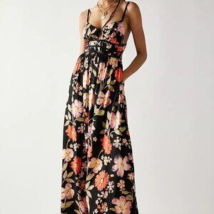 Free People Maxi Dress Women Sz L Floral Black Pink Wisteria Open Back Bohemian